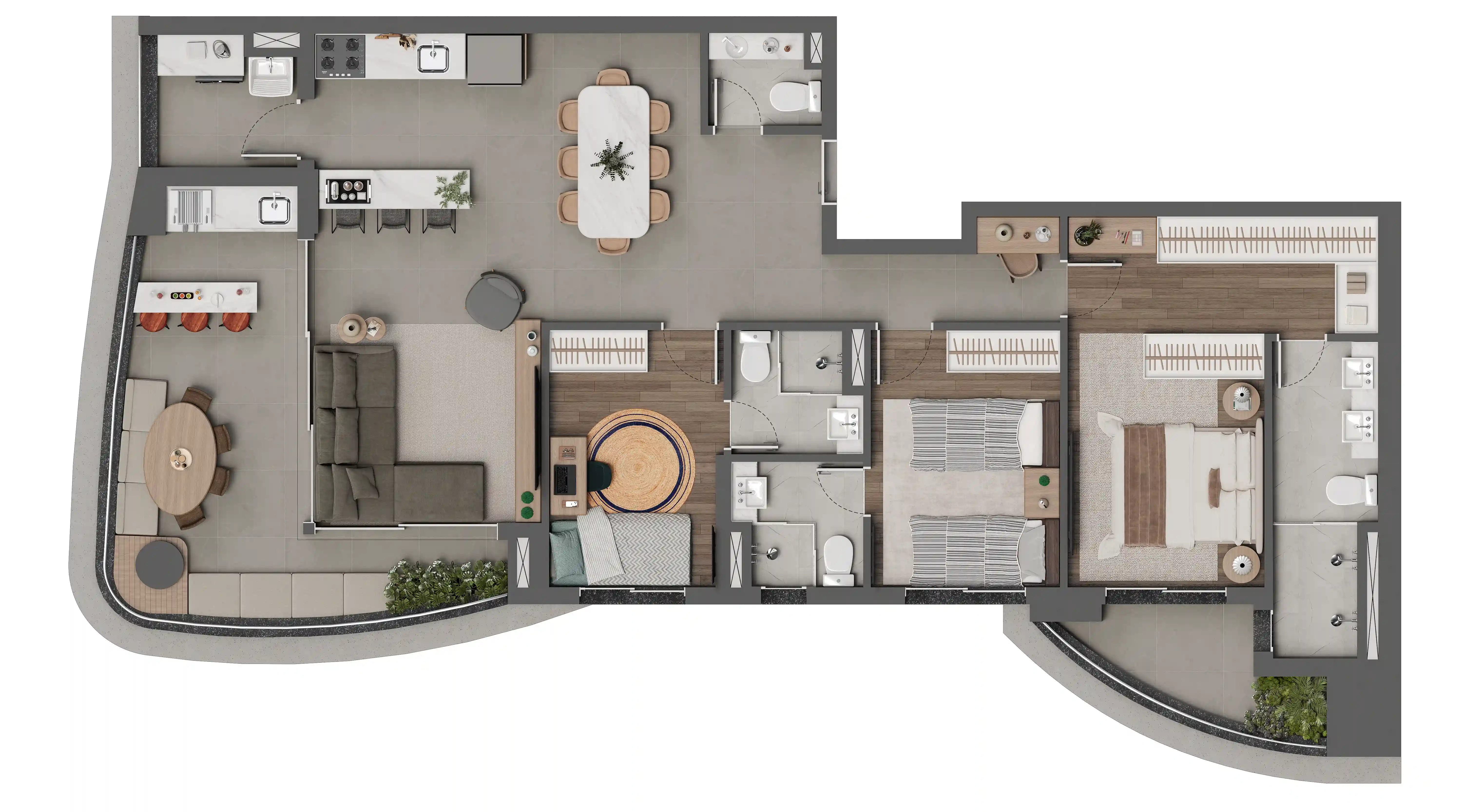 Planta Tipo 121m² - 3 suítes com escritório